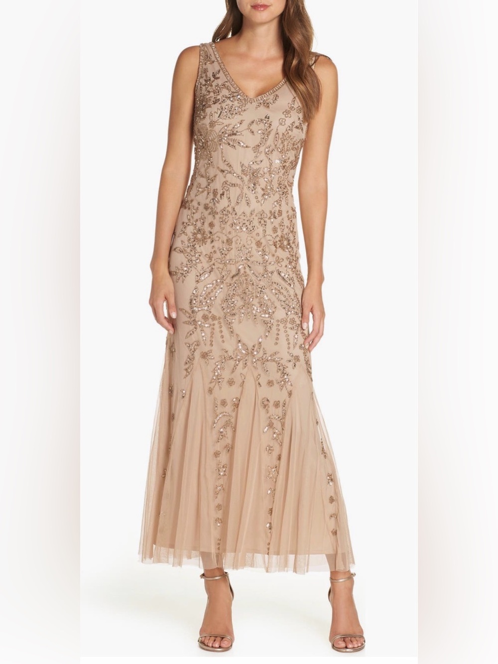 Pisarro Nights Nude Beaded Tulle Maxi Gown SIZE 16 WORN ONCE